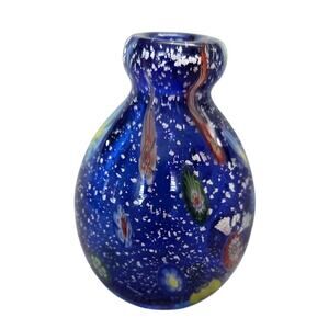 Blown Glass Blue Millefiori Blue Art Bud Vase Swirls Flowers